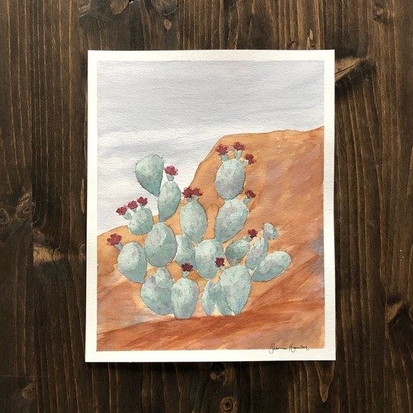 Other - Original Watercolor Painting Prickly Pear Cactus in Desert Lands…